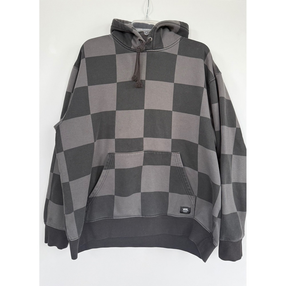 Vans Checkerboard Pullover Hoodie Mens XL Grey Black Sweatshirt Skater Grunge